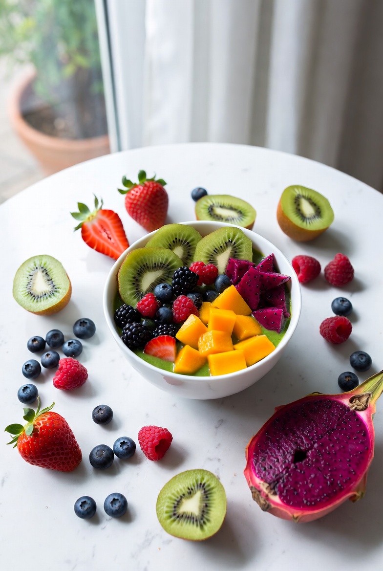 Fresh fruit smoothie bowl with kiwi, berries and dragon fruit