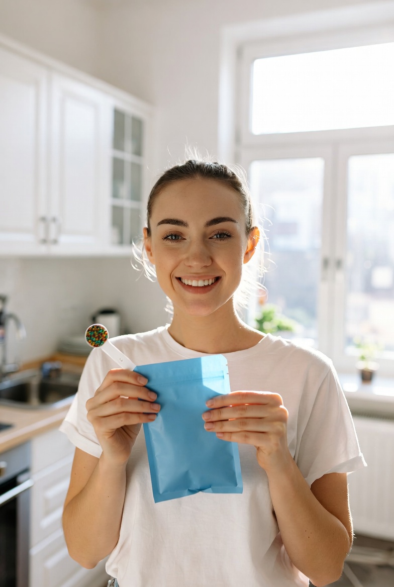 Woman with personalised nutrition pouch